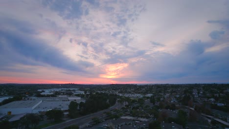 Cloudy-Sky-Sunset-Drone-Video-Over-Neighborhoods-in-Oceanside,-California