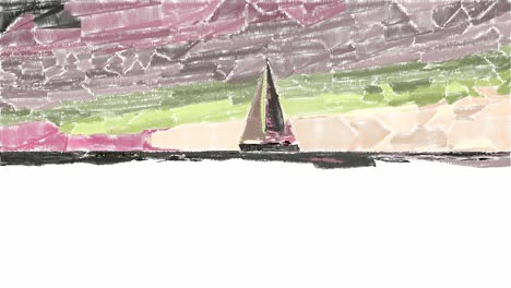 Schöne-Malanimation-Von-Segelbootsegeln-Auf-Dunklem-Ozean-Mit-Rosa-Und-Grünem-Himmel