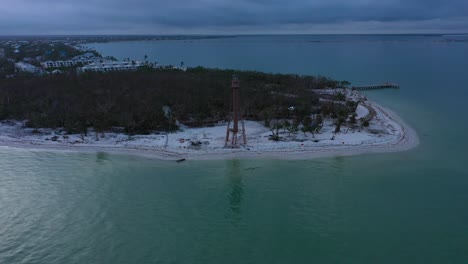 Drone-video-parallax-clip-of-the-Sanibel-Lighthouse-during-a-stormy-sunset