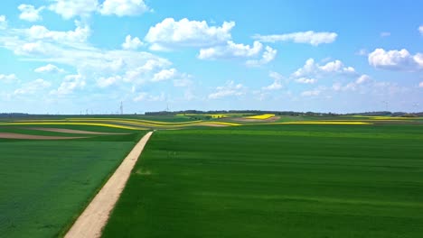 Scenic-Canola-Fields-And-Wind-Farm-On-A-Background-Of-Blue-Sky-With-Clouds