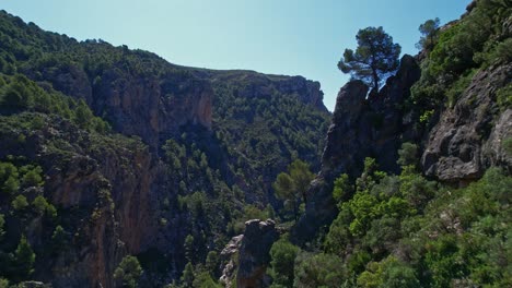 Vuelo-A-Baja-Altura-Dentro-Del-Desfiladero-Y-Barrancos-Montañosos-Con-Bosque-Mediterráneo-Y-Cauce-De-Río