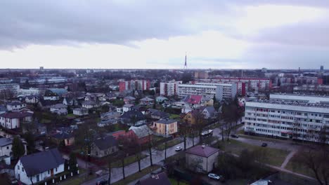 Establisher-aerial-shot-of-Riga-residential-district-of-Darzciems,-lowering