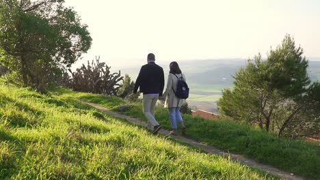 Slow-Motion-Shot-Of-Man-And-Woman-Walking-In-Peaceful-Green-Nature