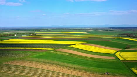 Flying-On-A-Vast-Landscape-Of-Farmland-With-Canola-Fields-In-Springtime