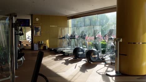 Private-estate-gym-with-pandemic-dividers-between-equipment,-social-distancing-safety-measures