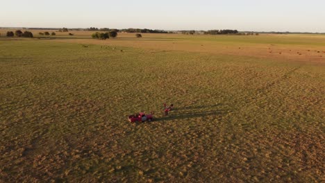 Aerial-orbit-shot-of-family-watching-golden-Sunset-on-rural-field-outdoors-in-Wilderness