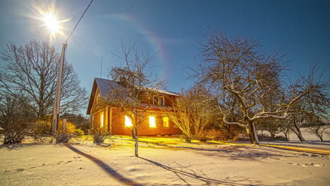 Winter-wooden-house-or-cottage-in-a-snowy-landscape-Timelapse