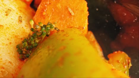 Cinematic-close-up-pan-of-grilled-vegetable-medley---green-pepper,-carrots,-and-broccoli,-seasoned-in-herbs---filmed-with-a-macro-probe-lens