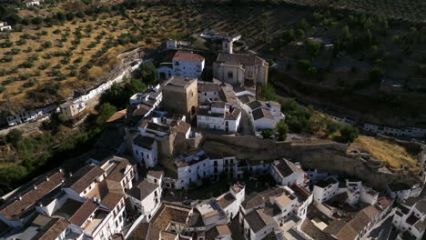 Aerial-View-Over-Setenil-de-las-Bodegas-In-Cadiz,-Andalusia,-Spain---drone-shot