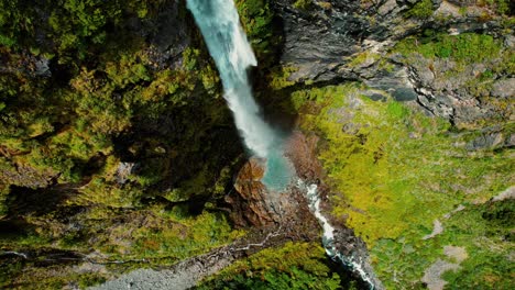 New-Zealand-Drone-Aerial-of-Devil’s-Punchbowl-Waterfall,-with-Downward-Spiral