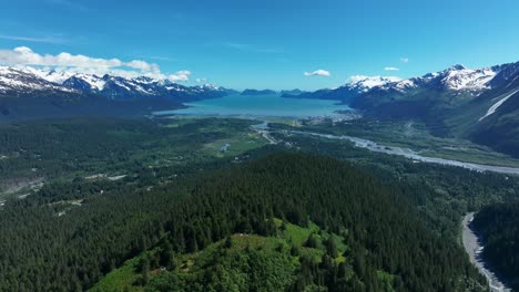 Bewaldete-Landschaft-Mit-See-Und-Schneebergen-Im-Hintergrund-In-Alaska