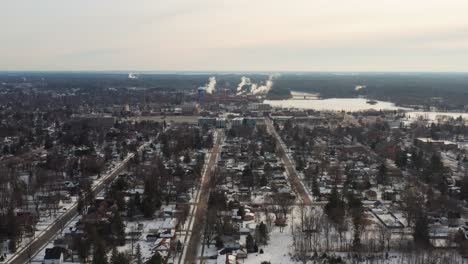 Aerial-panorama-of-Stevens-Point-in-Wisconsin,-small-town-in-United-States