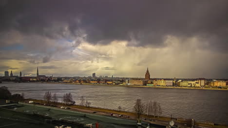 Riga,-Latvia-skyline-cloudscape-time-lapse-with-rain,-wind,-rainbow,-all-day