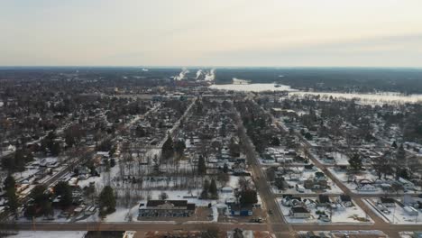 Aerial-panorama-of-Stevens-Point,-Wisconsin-during-winter-season