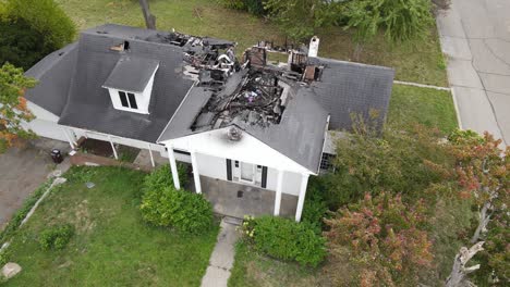 Destroyed-luxury-home-in-fire-accident,-view-from-above