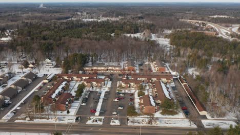 Aerial,-empty-small-suburban-town-during-winter-pandemic