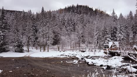 Snow-covered-muddy-low-tide-Kuźnice-river-trail-leading-to-woodland-forest-in-Polish-nature-reserve
