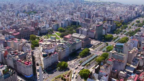 Dolly-in-establishing-aerial-view-of-the-city-of-Buenos-Aires-on-a-sunny-spring-day,-a-city-with-high-traffic-on-a-working-day
