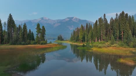 Perfect-Water-Reflections-Of-Pine-Trees-With-Mountain-Backdrop-In-Holland-Lake,-Flathead-National-Forest,-Montana