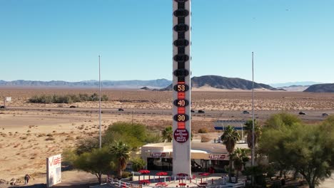 Aerial-View-of-World's-Tallest-Thermometer-in-Baker,-California-USA