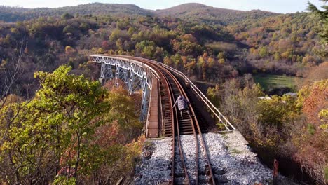 Man-Trying-To-Walk-On-A-Railway-Bridge-By-The-Voras-Mountains-In-Greece