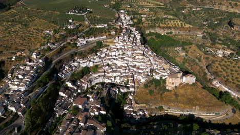 Panoramic-View-Over-Setenil-de-las-Bodegas-Town-In-Spain---aerial-drone-shot