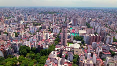 Aerial-view-of-a-city-in-the-residential-neighborhood-of-Almagro-with-the-square-or-green-recreation-area,-Buenos-Aires,-Argentina