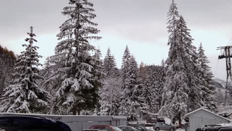 Snow-covered-Kuznice-woodland-car-parking-under-ski-resort-cable-lift-pylon,-Poland