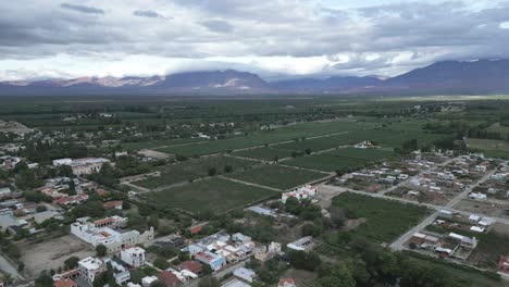 Cafayate-Vineyards-and-Town-in-Salta,-Argentina,-Green-Wine-Production-Field-Valley-below-Andean-Cordillera-Mountains,-South-America-Green-Landscape