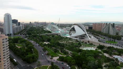 Aerial-View-City-Of-Valencia-With-Ciudad-de-las-Artes-y-las-Ciencias-In-Spain---drone-shot