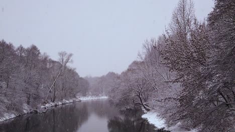 Snowfall-fluttering-across-snow-covered-Niebieskie-Źródła-river-banks,-Polish-blue-springs-woodland-nature-reserve