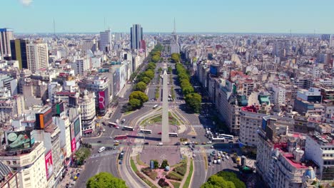 Aerial-view-establishing-the-widest-avenue-in-the-world,-9-de-Julio-in-downtown-Buenos-Aires,-Obelisco-monument