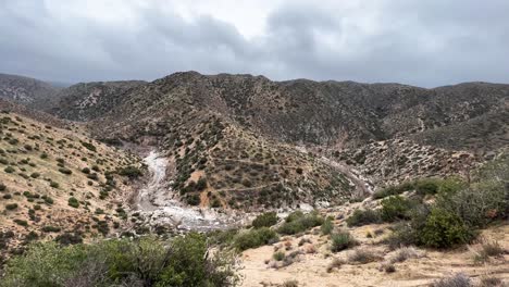 Landscape-pan-of-the-"horse-shoe-bend"-at-Deep-Creek-in-the-mountains-of-the-Hesperia-Desert-in-California,-USA-during-a-cloudy-day