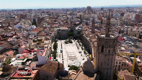 Historic-City-Center-Of-Valencia-In-Spain---aerial-drone-shot