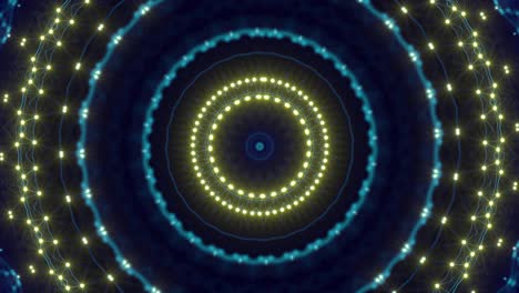 Blaue-Und-Gelbe-Punkte-Und-Linien,-Die-In-Einem-Fraktalen-Kaleidoskop-Mit-Nahtlosen-Konzentrischen-Bewegungen-Und-Pulsationen-Miteinander-Verbunden-Sind