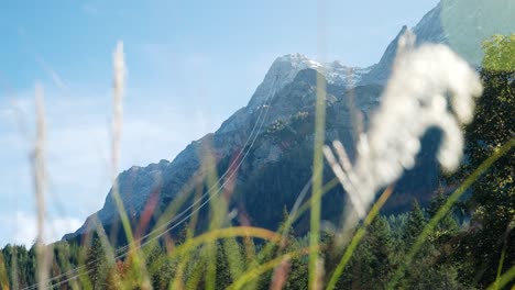 Durch-Gras-Mit-Blick-Auf-Einen-Steilen-Berggipfel-Mit-Seilbahnschienen-Zugspitze