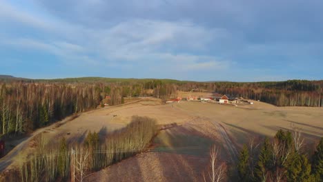 Drone-footage-approaching-a-field-and-a-farm-in-Sweden