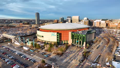 Aerial-of-people-entering-Ball-Arena-in-Denver,-Colorado