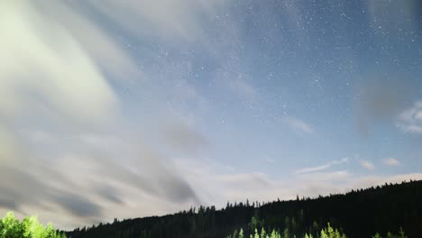 Timelapse-Of-Clouds,-Milkyway-And-Starry-Night-Sky-Over-The-Dense-Forest