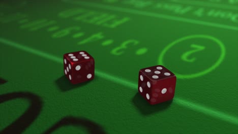 Pair-of-dice-thrown-onto-a-craps-or-crapaud-table-with-glittering-poker-machines-in-a-casino-background---craps-throws---translucent-red-dice-throw-of-five-and-six---eleven