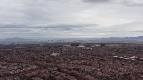 Super-wide-aerial-dolly-shot-of-the-Las-Vegas-Valley-from-Red-Rock-Canyon-in-Nevada-on-an-overcast-day