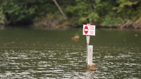 No-Entry-Sign-On-The-Wooden-Pole-At-Red-Lake-In-Romania