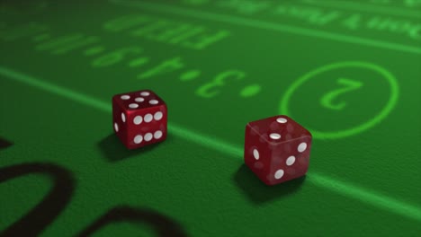 Pair-of-dice-thrown-onto-a-craps-or-crapaud-table-with-glittering-poker-machines-in-a-casino-background---craps-throws---translucent-red-dice-throw-of-five-and-two---seven