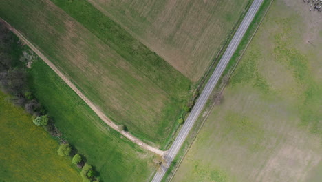 Agriculture-land-and-road-drone-view-in-europe