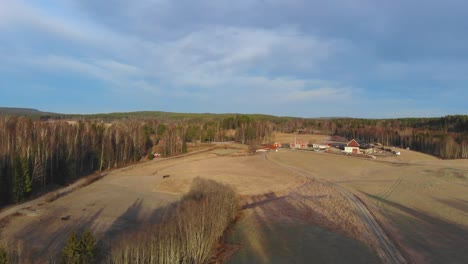 Drone-shot-approaching-field-and-farm-in-Sweden-at-winter