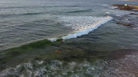 Aerial-view-of-surfer-shredding-wave-at-Mereweather-Beach,-Australia