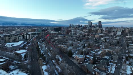 Cinematic-aerial-view-of-Downtown-Denver-city-and-street-view-in-winters,-Colorado