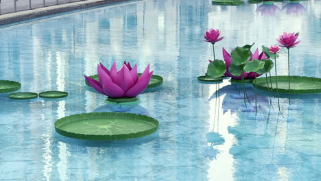 Art-installation-with-some-artificial-and-huge-pink-water-lilies-floating-on-the-Water-fountain-lake-in-the-urban-environment