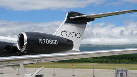 Nacelle-And-Empennage-Of-Gulfstream-G700-In-Static-Display-During-EBACE-2022-In-Geneva,-Switzerland