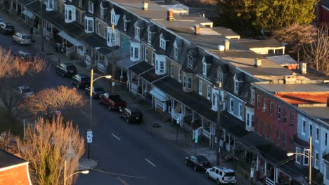 Tight-aerial-angled-zoom-of-row-houses-in-American-city